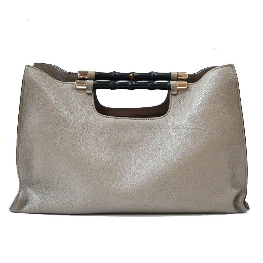 Gucci Calfskin Bamboo Daily Shopper Satchel Leather Body Bamboo Gray